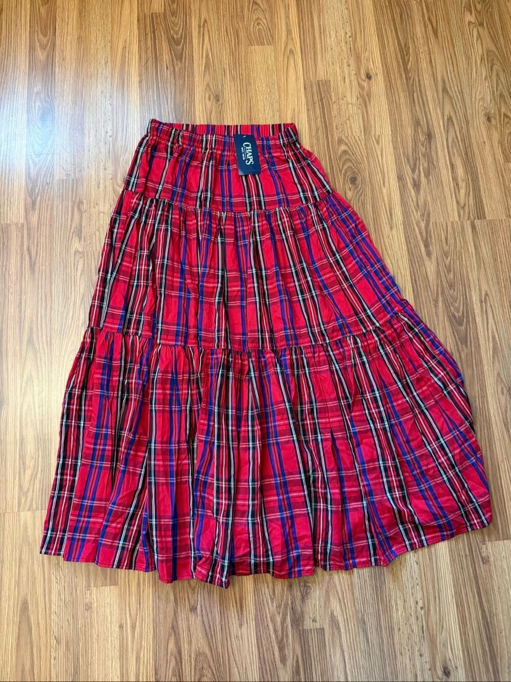 NWT Chaps Women's Tartan Plaid Elastic Waist Tiered Maxi Skirt Multicolor Small